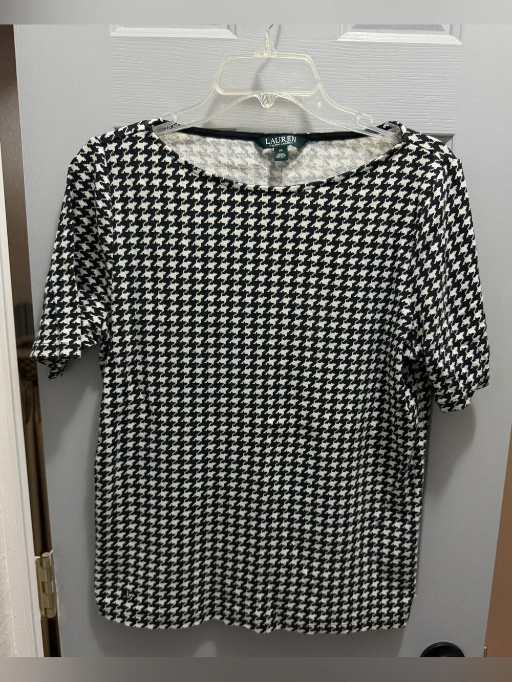 Lauren Ralph Lauren Black/White Houndstooth Knit Blouse Shirt 100% Cotton XL EUC
